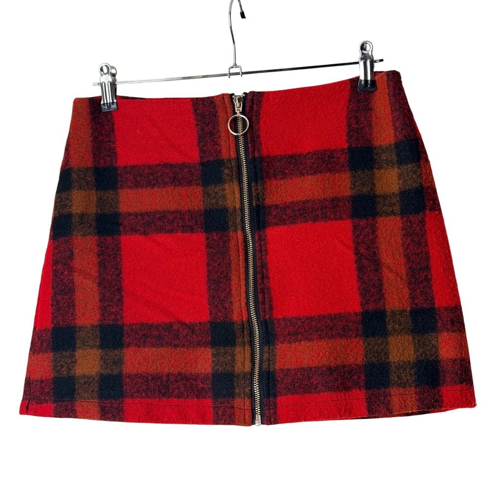 Red Plaid Mini Skirt Front Zip O-Ring A-Line Red Tartan Academia / Preppy Sz M